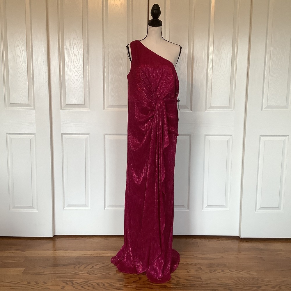 Adrianna Papell‎ Magenta Stardust Pleated One Shoulder Draped Gown Size 14 NWT
